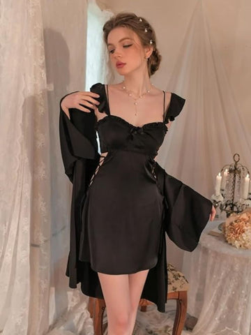 11036 - Women Black Satin Nightdress with Lace-Up Detail & Robe Set