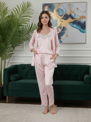 11011-PINK Women’s Satin 3 Piece Nightwear Set – Striped Camisole, Robe & Pyjama