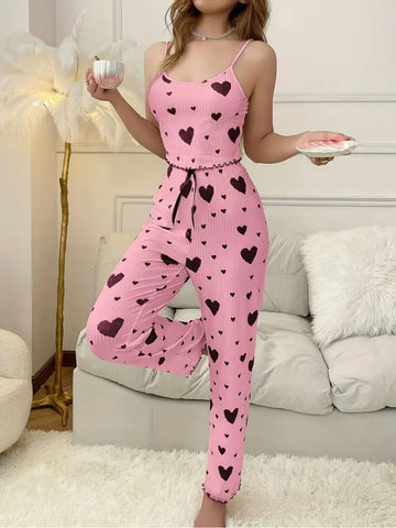207 - Women Pink & Black Ribbed Cotton Heart Print Nightwear Set