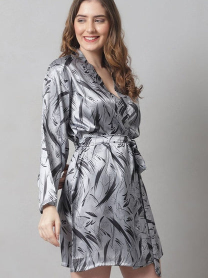 88-Elegant Grey Satin Leaf-Print Short Robe