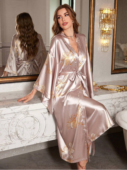 11018- Women Blush Pink Floral Satin Nightwear Set with Kimono Robe