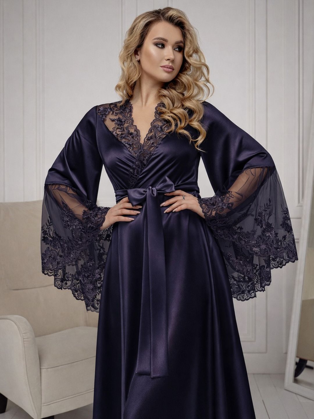 11028-Navy Elegant Lace Trim Bridal Robe with Flared Sleeves