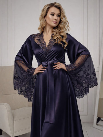 11028-Navy Elegant Lace Trim Bridal Robe with Flared Sleeves