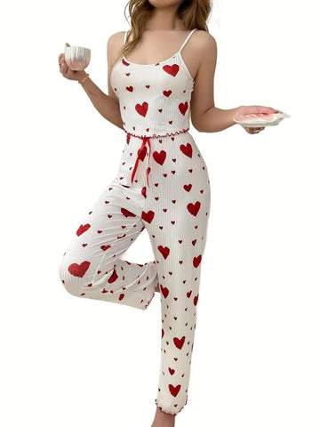 207 - Women White & Red Ribbed Cotton Heart Print Nightwear Set