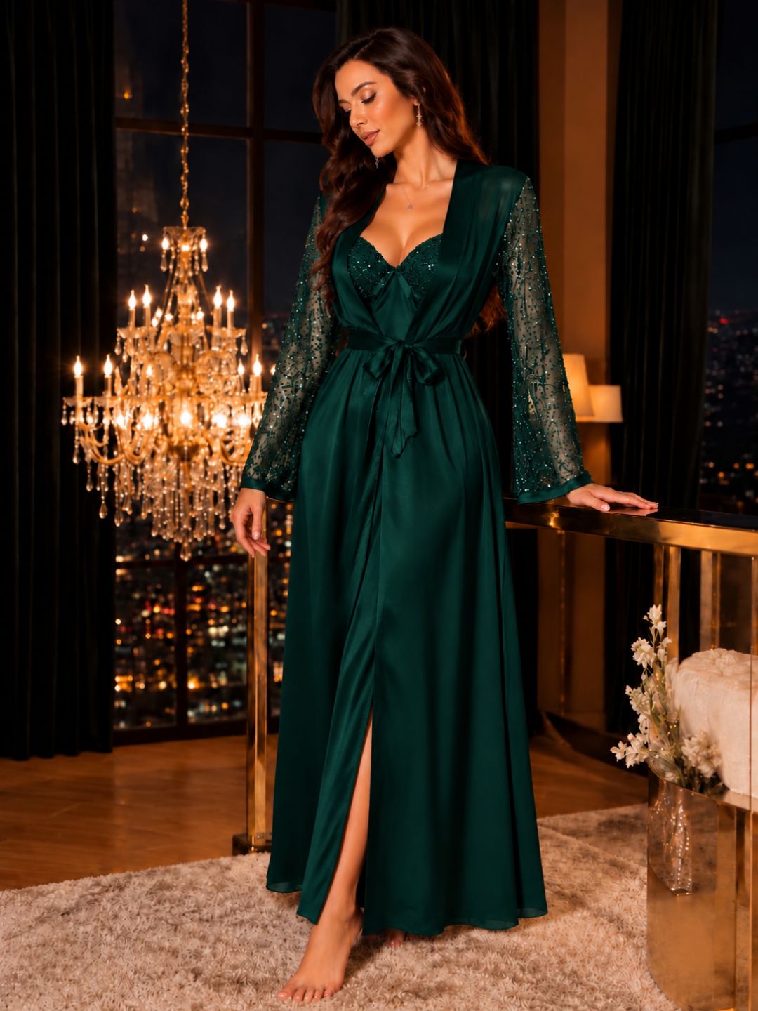 21001-Women Japanese Satin Nightdress with Sheer Sequin Robe
