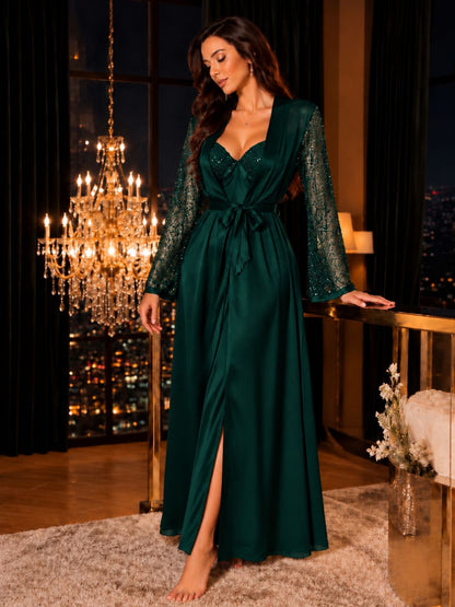 21001-Women Japanese Satin Nightdress with Sheer Sequin Robe