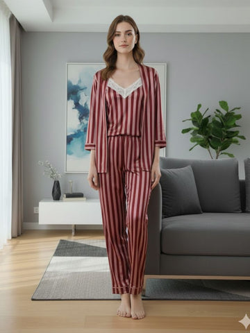 11011-MAROON Women’s Satin 3 Piece Nightwear Set – Striped Camisole, Robe & Pyjama