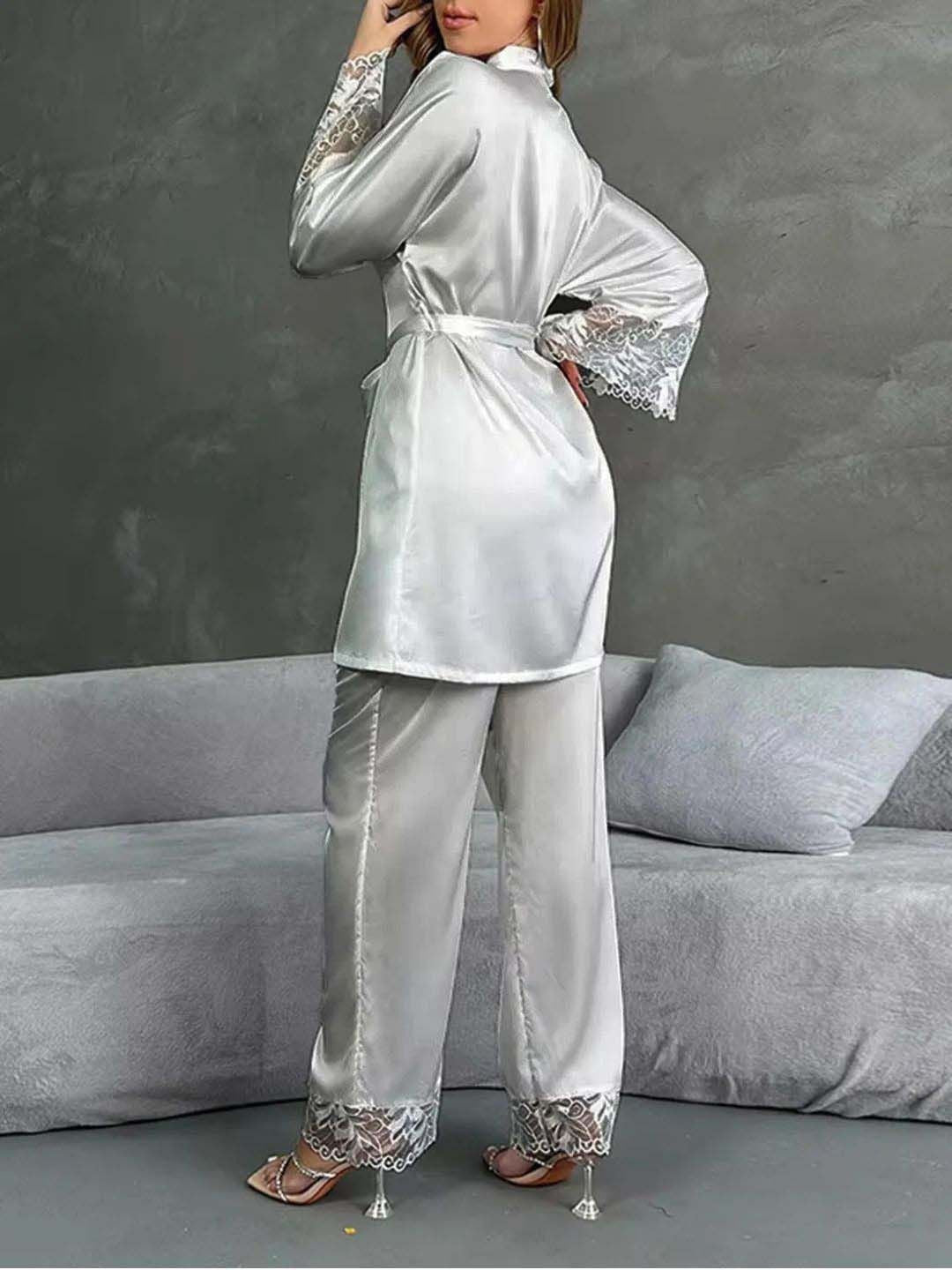 11002-White Satin Nightwear Set with Lace Trim | Luxury Sleepwear For Women