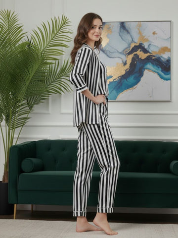 11011-BLACK Women’s Satin 3 Piece Nightwear Set – Striped Camisole, Robe & Pyjama