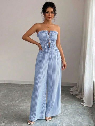 11038 - Women sky blue & White Striped Cotton Night Suit