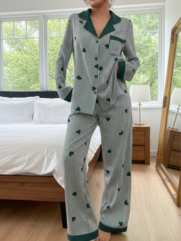 11016-Women Green & White Striped Heart Print Comfortable Shirt & Pyjama Nightwear Set