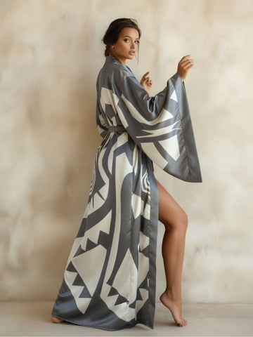 11027 - Women Grey & White Geometric Printed Satin Kimono Style Night Robe