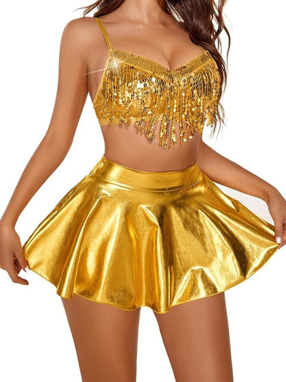 156 - Women Gold Embellished Sequinned Fringe Party Wear Crop Top & Mini Skirt 2-Piece Nightwear Set