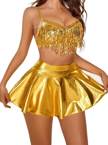 156 - Women Gold Embellished Sequinned Fringe Party Wear Crop Top & Mini Skirt 2-Piece Nightwear Set