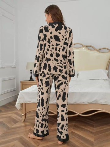 11026 - Women Cream & Black Animal Print Button-Down Night Suit