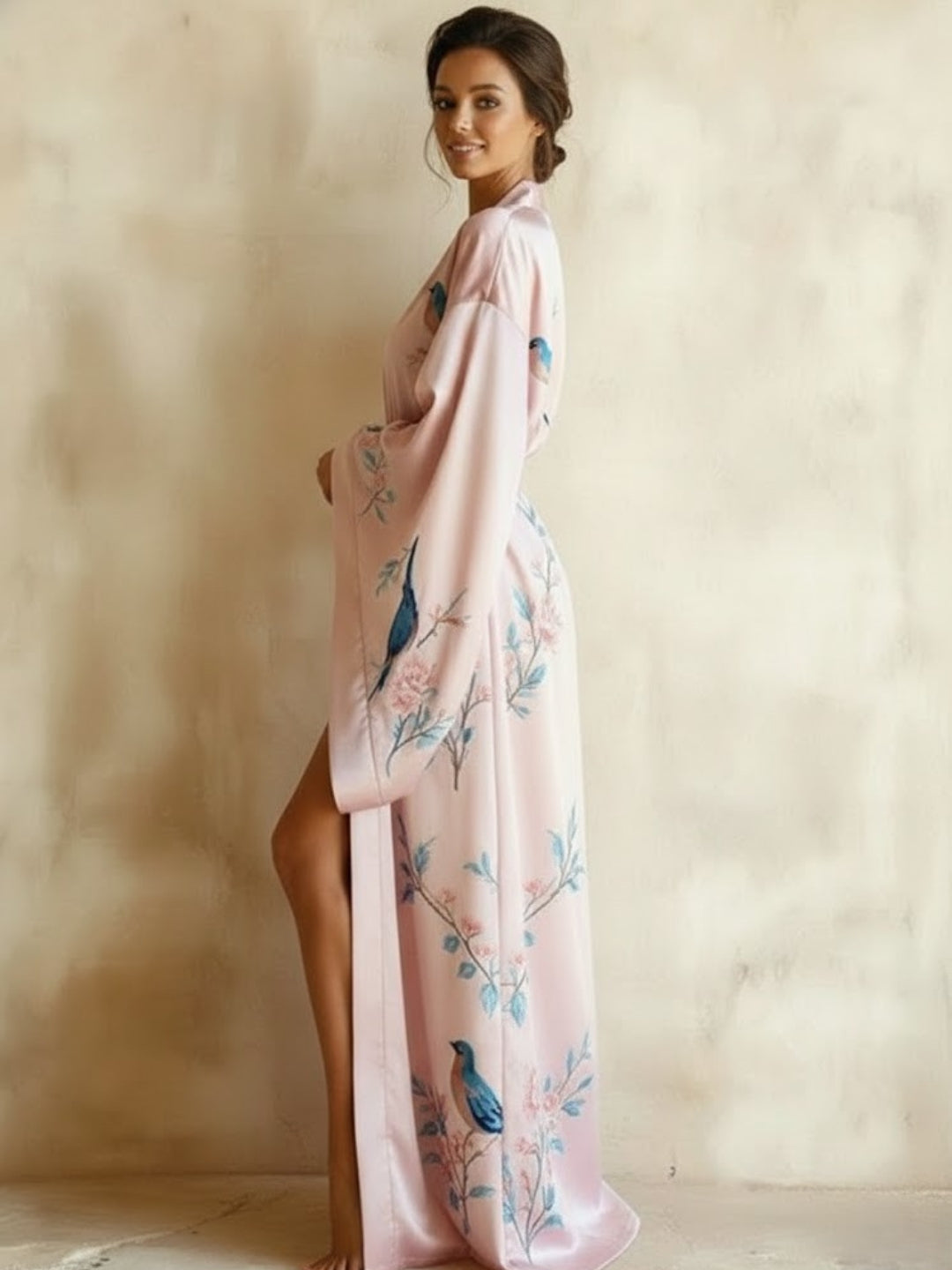 11027 - Women Black Satin Long Night Robe with Leopard Print Trim