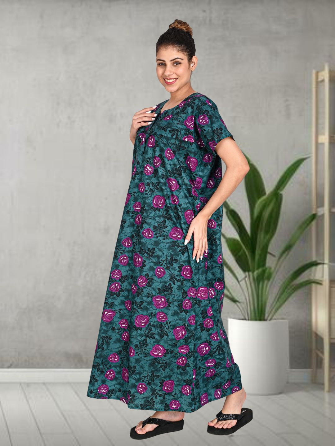 1500-Women's Pure Cotton Blended Printed Maxi Dress for Daily & Night Wear Floral Nighty