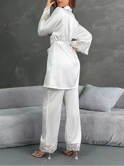 11002-Grey Satin Nightwear Set with Lace Trim | Luxury Sleepwear For Women