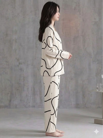 11034-Women Cream Abstract Printed Shirt Collar Night Suit Set