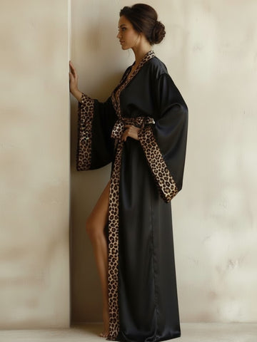 11027 - Women Black Satin Long Night Robe with Leopard Print Trim