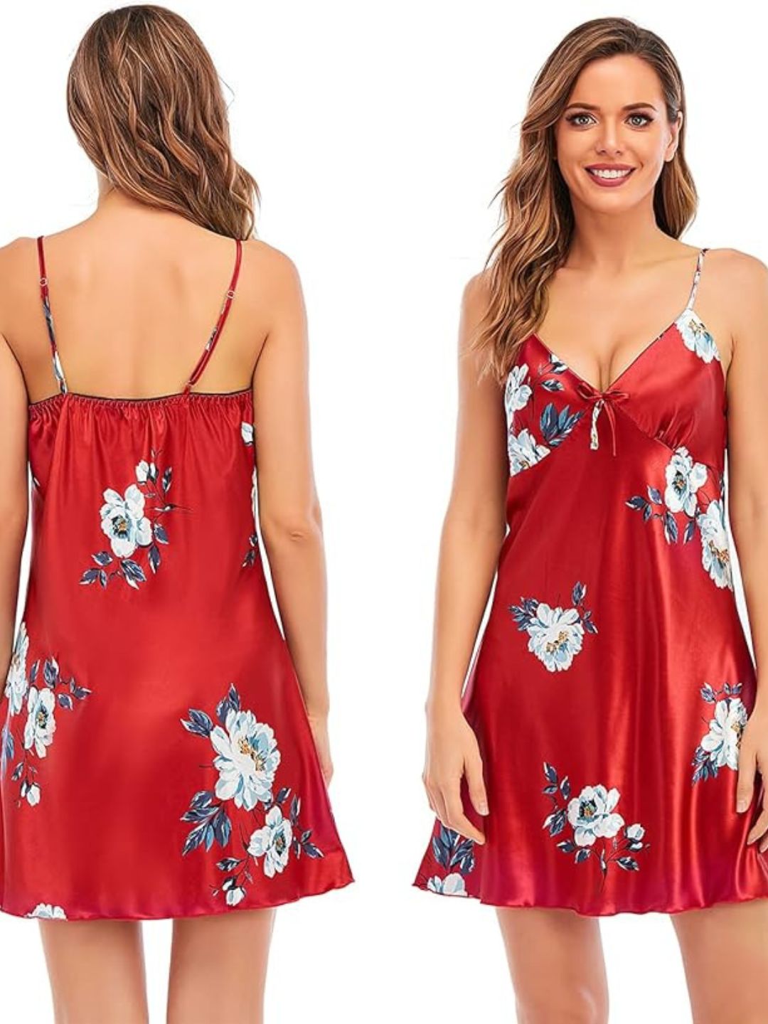 93 WINE-Women's Satin Floral Nightdress and Robe Set