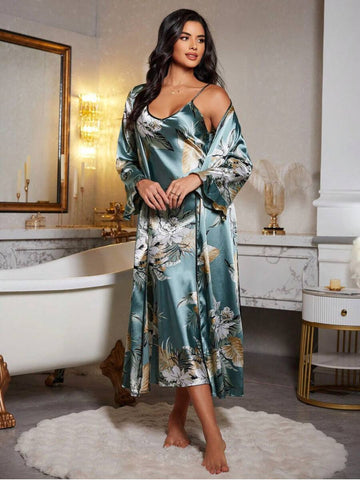 11001-Green Floral Satin Nightdress with Robe