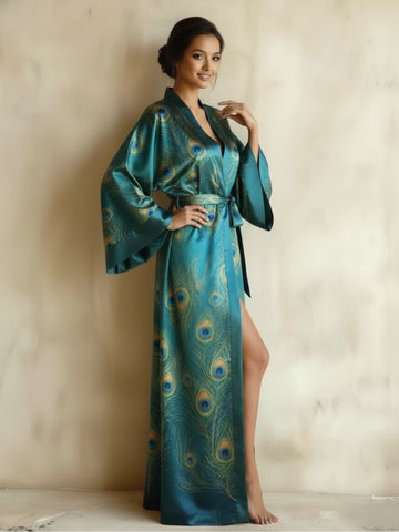 11027 - Women Teal Blue Peacock Feather Print Longline Kimono