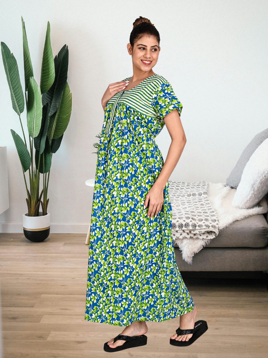 1600-Women's Pure Cotton Blended Printed Maxi Dress for Daily & Night Wear Floral Nighty