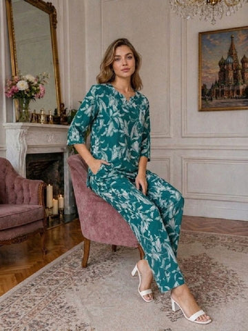 11055-Women White Floral Printed Night Suit Set