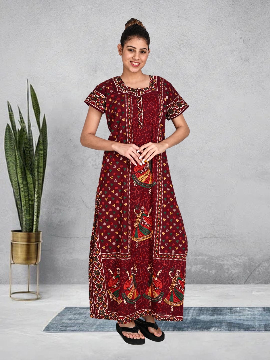 1451-Women's Pure Cotton Blended Printed Maxi Dress for Daily & Night Wear Floral Nighty