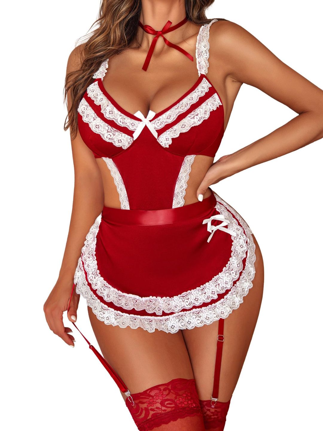 63 - Women Maroon & White Lace Roleplay Maid Lingerie Bodysuit with Apron & Choker