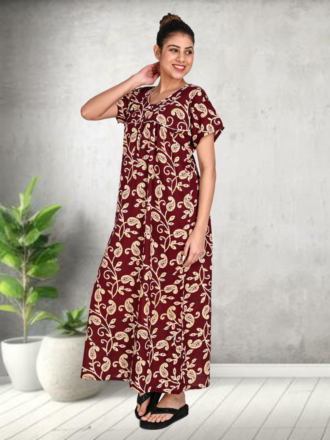 1950-Women's Pure Cotton Blended Printed Maxi Dress for Daily & Night Wear Floral Nighty