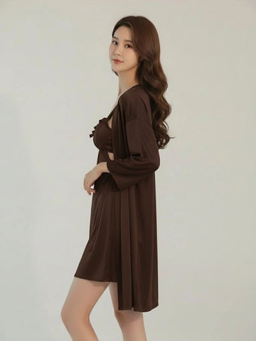 11036 - Women Brown Satin Nightdress with Lace-Up Detail & Robe Set