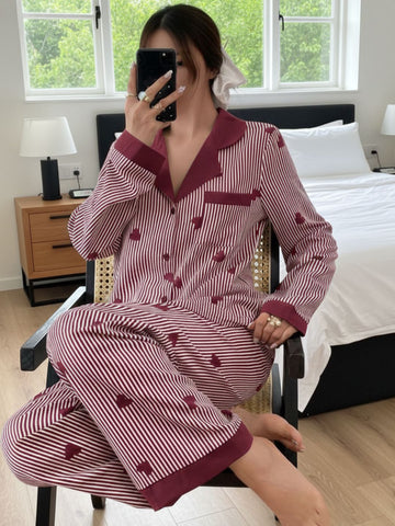 11016-Women Maroon & White Striped Heart Print Comfortable Shirt & Pyjama Nightwear Set
