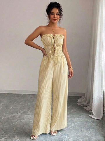 11038 - Women yellow & White Striped Cotton Night Suit