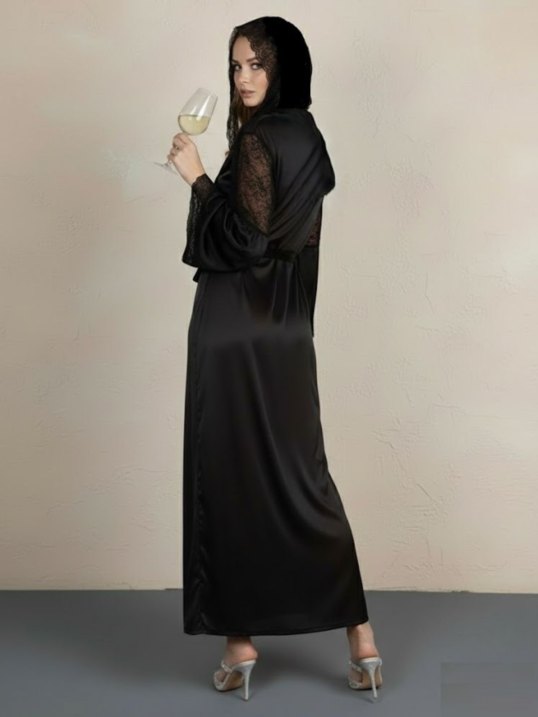 11037 - Women Sheer Lace Longline Night Robe with Waist Tie-Up