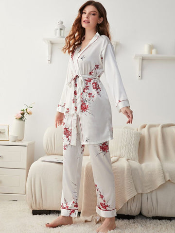 11009-RED Women’s Satin Floral Pajama Set with Matching Robe – Luxury Sleepwear Loungewear Set