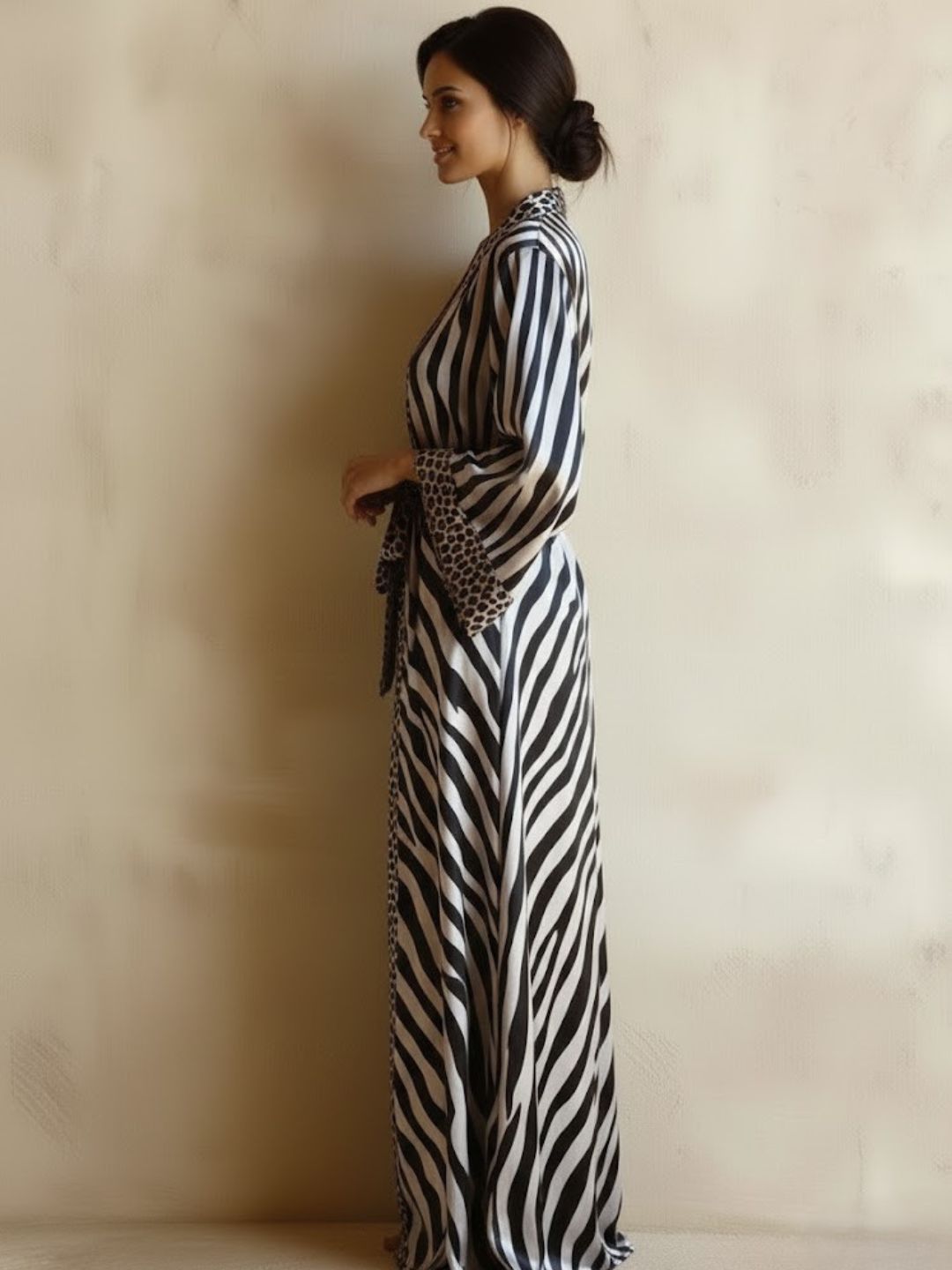11027 - Women Black Satin Long Night Robe with Leopard Print Trim