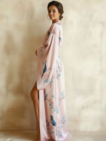 11027 - Women Blush Pink Floral & Bird Print Satin Kimono Style Night Robe