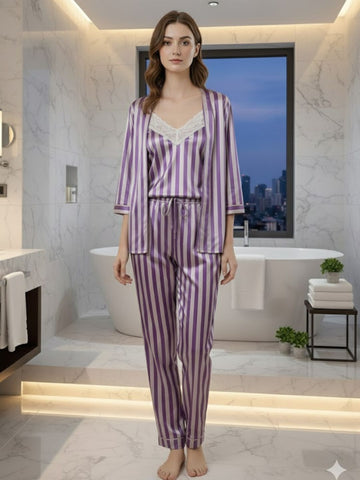 11011-PURPLE Women’s Satin 3 Piece Nightwear Set – Striped Camisole, Robe & Pyjama