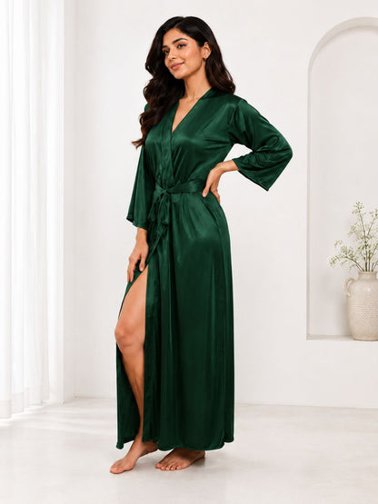11006- Bottle Green Glamorous Satin Nightwear Robe – Soft & Silky Feel
