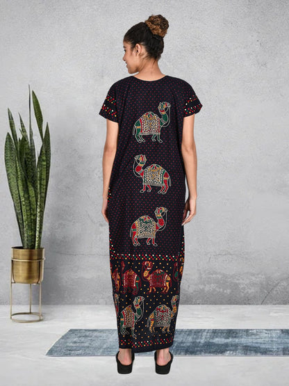 1450-Women's Pure Cotton Blended Printed Maxi Dress for Daily & Night Wear Floral Nighty