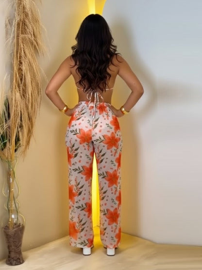 11044-Women Floral Printed Satin Co-Ord Set with Halter Neck Crop Top & Straight Fit Pants