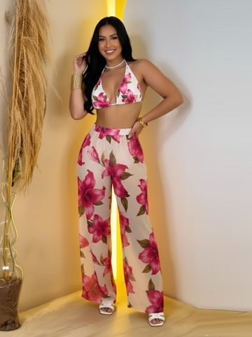 11044-Women Floral Printed Satin Co-Ord Set with Halter Neck Crop Top & Straight Fit Pants