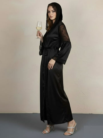 11037 - Women Black Sheer Lace Longline Night Robe with Waist Tie-Up