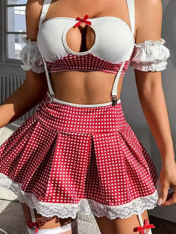 12001 - Women White & Red Gingham Print Mini Skirt Lingerie Set with Suspenders