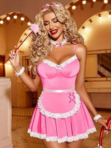 62-Pink French-Inspired Lace Trimmed Maid Costume Dress