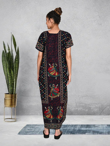 1451-Women's Pure Cotton Blended Printed Maxi Dress for Daily & Night Wear Floral Nighty