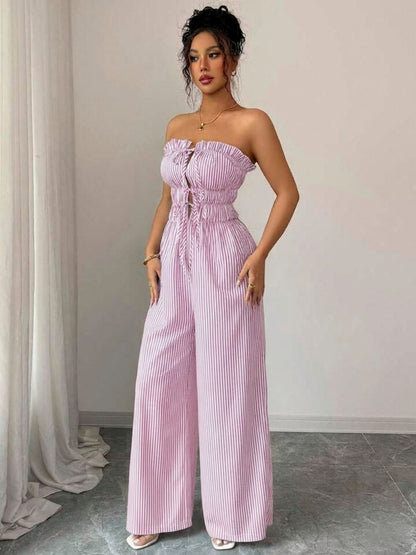 11038 - Women pink & White Striped Cotton Night Suit