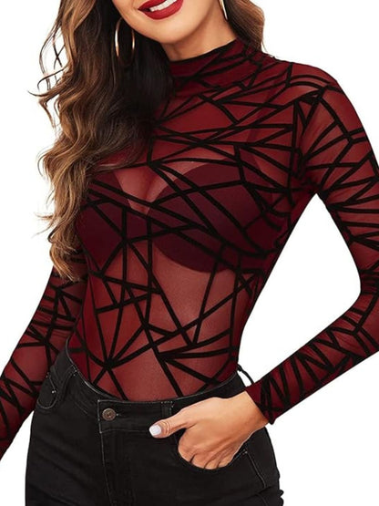 120 Maroon-Geometric Mesh Long Sleeve Bodysuit
